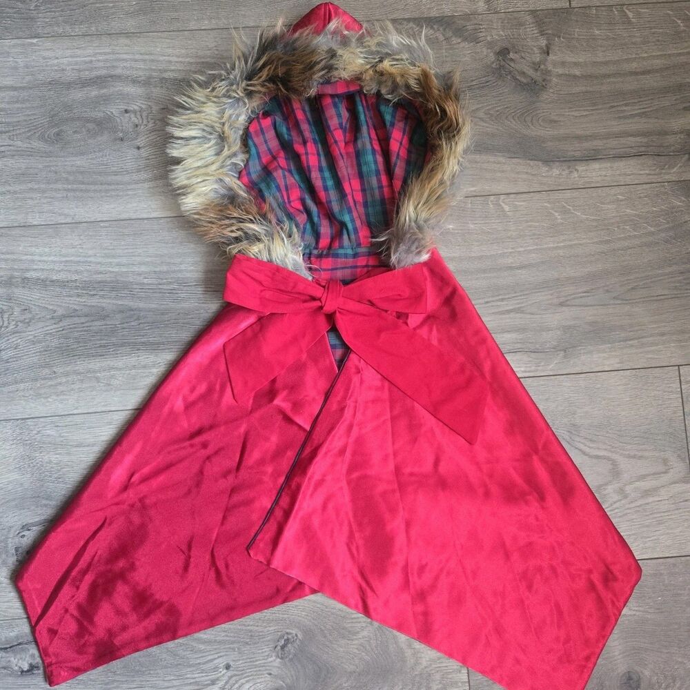 Darling Mae Ricrac & Ruffles Red Satin Plaid Faux Fur Hooded Cape Poncho Infant